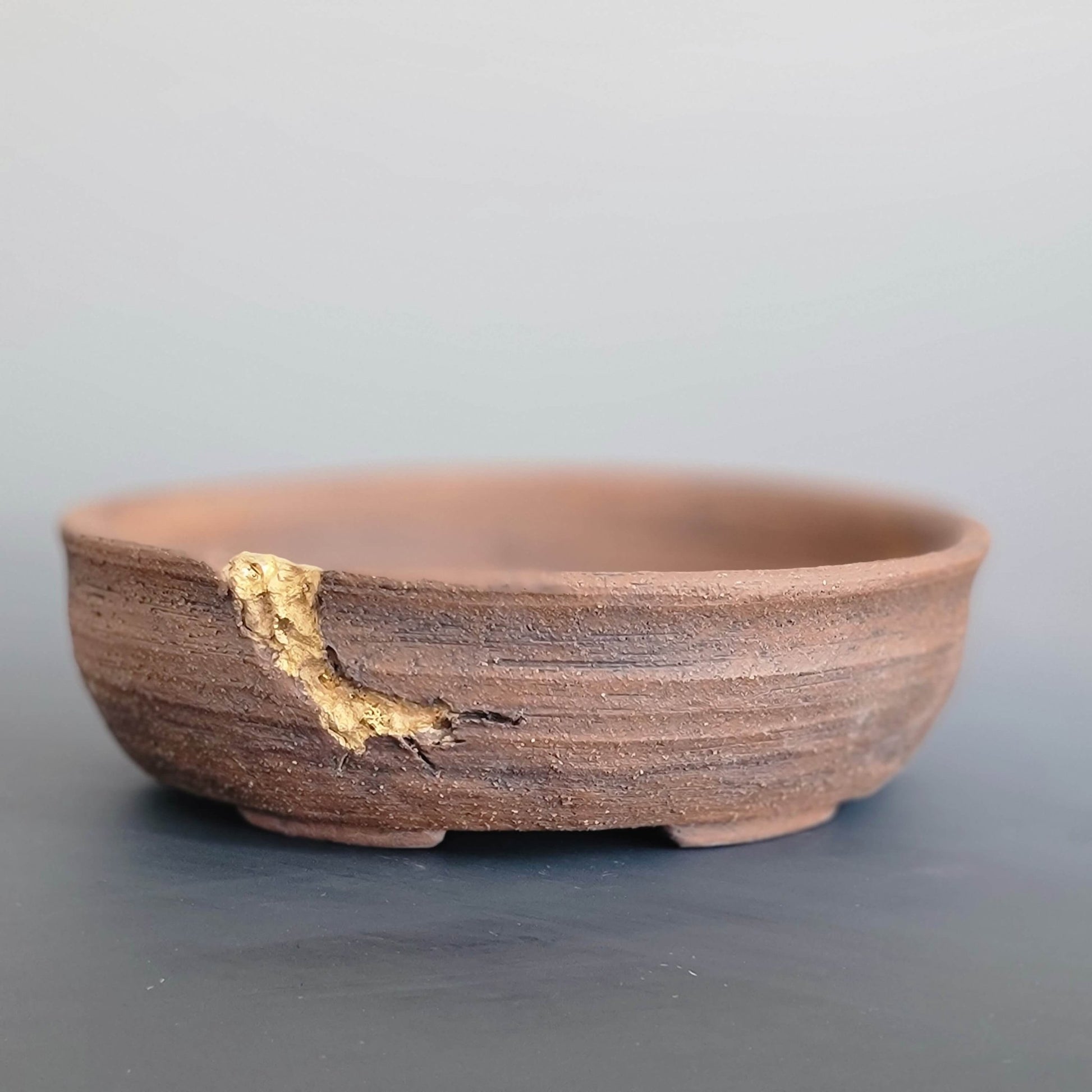 Bonsai Pot Unglazed Narrow Oval with Large Gold Accent - Little Pots by KK