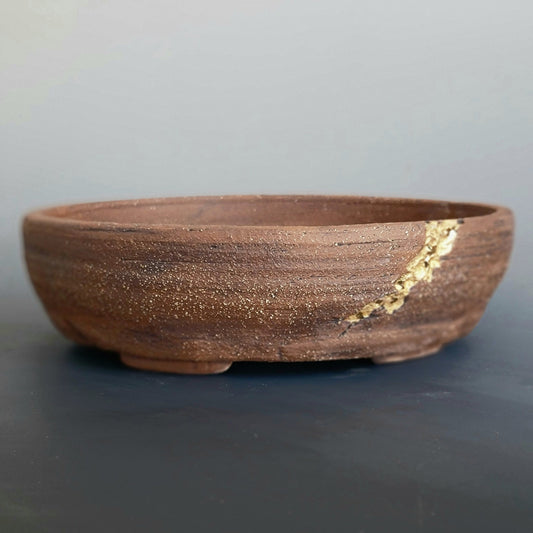 Bonsai Pot Unglazed Oval with Gold Accent - Little Pots by KK