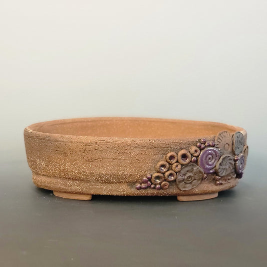 Oval Bonsai Pot Unglazed with Detail work in Purple - Little Pots by KK