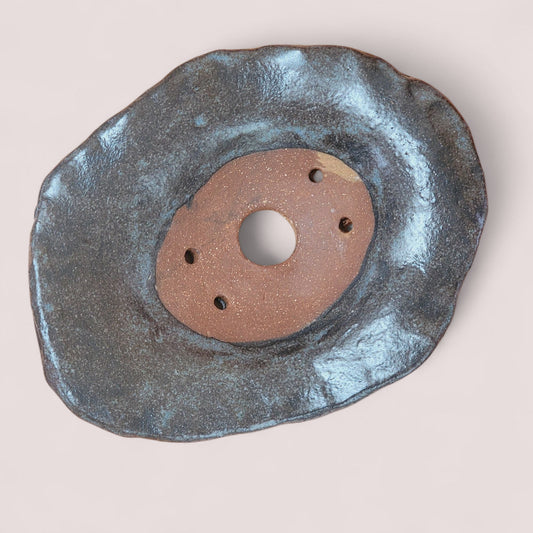 Shallow Kusamono Pot Glazed Oval "Oyster Pot" Smokey Blue - Little Pots by KK